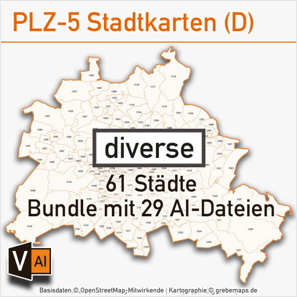 Postleitzahlen-Karten PLZ-5 Vektor Stadtkarten Deutschland (diverse) – Bundle mit 61 Städten (29 AI-Dateien)
