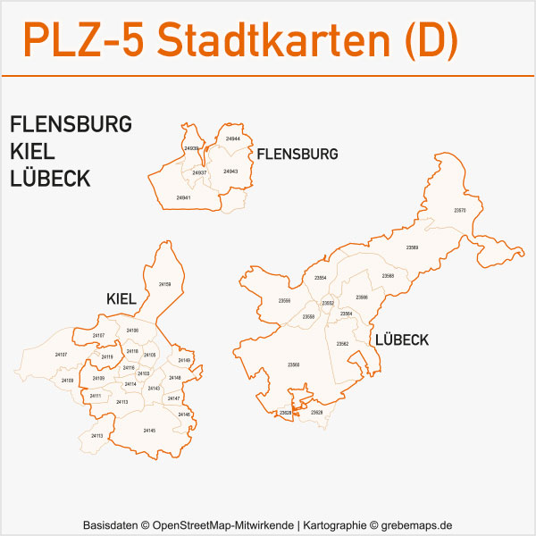 Postleitzahlen-Karten PLZ-5 Vektor Stadtkarten Deutschland Flensburg Kiel Lübeck
