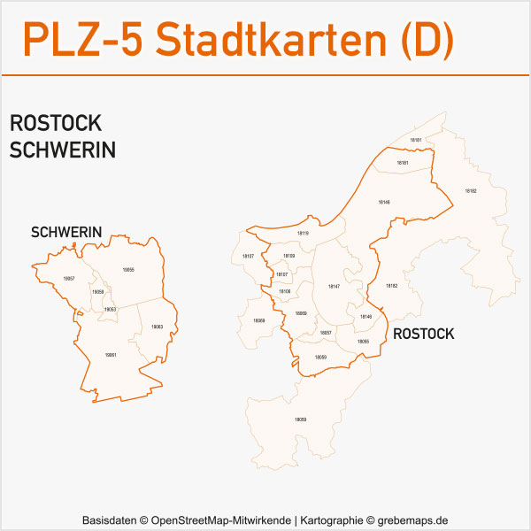 Postleitzahlen-Karten PLZ-5 Vektor Stadtkarten Deutschland Rostock Schwerin
