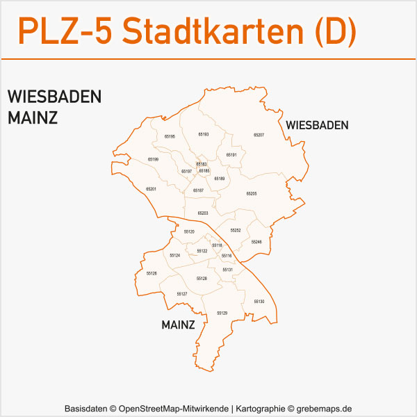 Postleitzahlen-Karten PLZ-5 Vektor Stadtkarten Deutschland Wiesbaden Mainz
