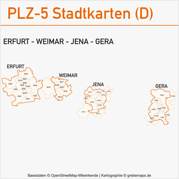 Postleitzahlen-Karten PLZ-5 Vektor Stadtkarten Deutschland Erfurt Weimar Jena Gera