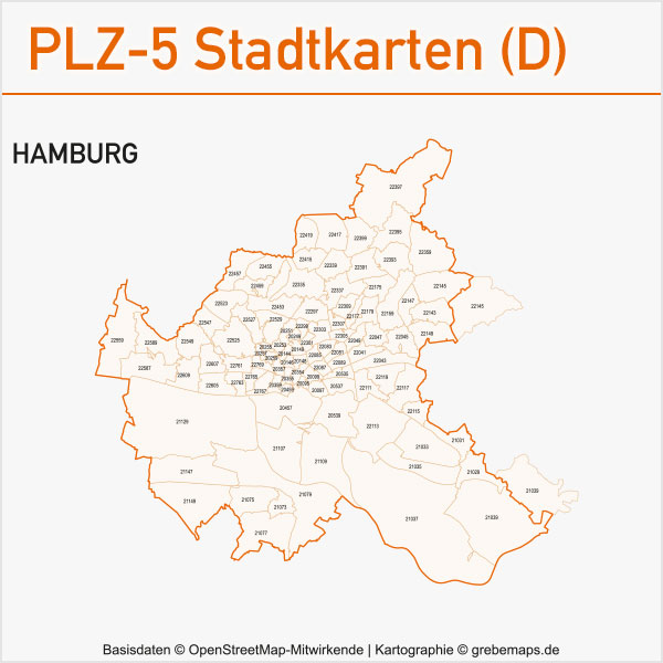 Postleitzahlen-Karten PLZ-5 Vektor Stadtkarten Deutschland Hamburg