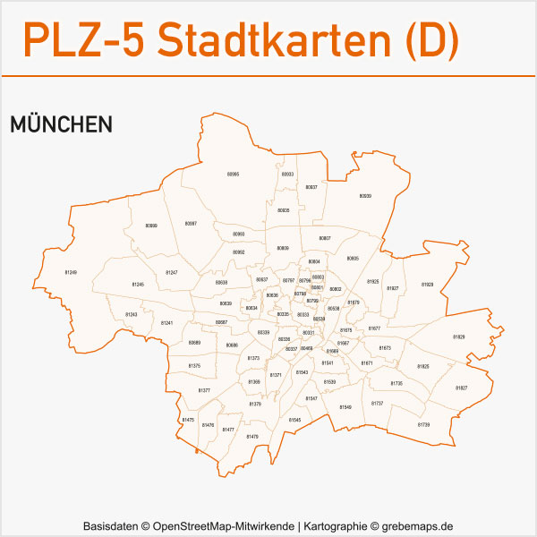 Postleitzahlen-Karten PLZ-5 Vektor Stadtkarten Deutschland München