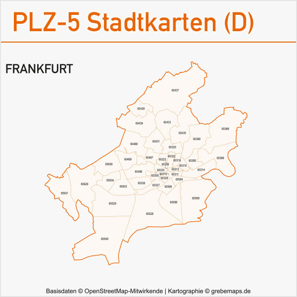 Postleitzahlen-Karten PLZ-5 Vektor Stadtkarten Deutschland Frankfurt am Main
