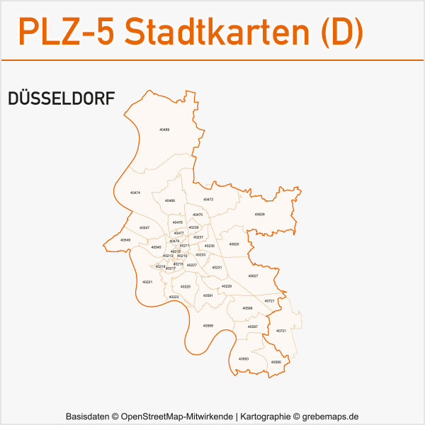 Postleitzahlen-Karten PLZ-5 Vektor Stadtkarten Deutschland Düsseldorf