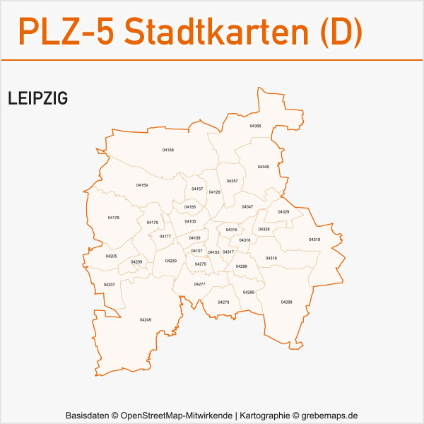 Postleitzahlen-Karten PLZ-5 Vektor Stadtkarten Deutschland Leipzig