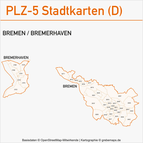 Postleitzahlen-Karten PLZ-5 Vektor Stadtkarten Deutschland Bremen / Bremerhaven