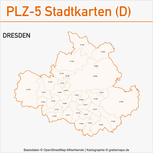 Postleitzahlen-Karten PLZ-5 Vektor Stadtkarten Deutschland Dresden