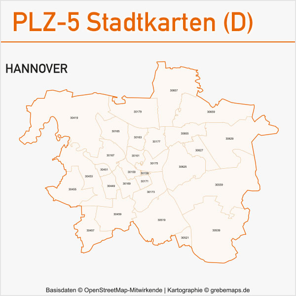 Postleitzahlen-Karten PLZ-5 Vektor Stadtkarten Deutschland Hannover