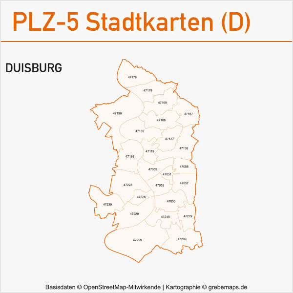 Postleitzahlen-Karten PLZ-5 Vektor Stadtkarten Deutschland Duisburg