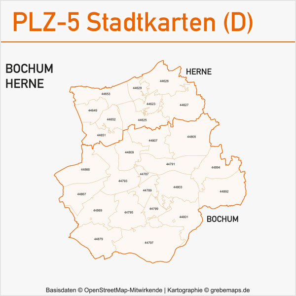 Postleitzahlen-Karten PLZ-5 Vektor Stadtkarten Deutschland Bochum / Herne