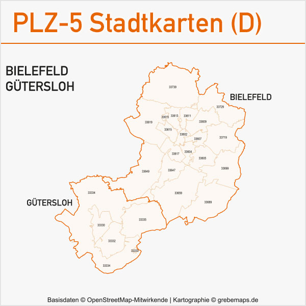 Postleitzahlen-Karten PLZ-5 Vektor Stadtkarten Deutschland Bielefeld / Gütersloh