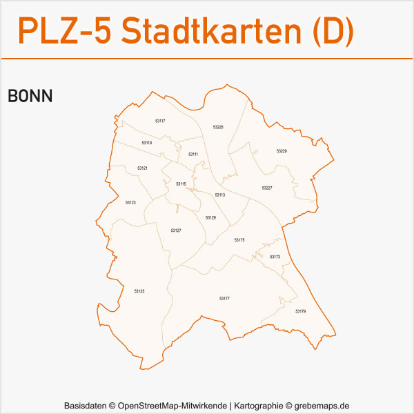Postleitzahlen-Karten PLZ-5 Vektor Stadtkarten Deutschland Bonn