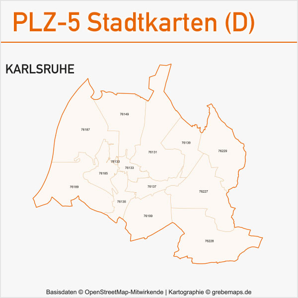 Postleitzahlen-Karten PLZ-5 Vektor Stadtkarten Deutschland Karlsruhe