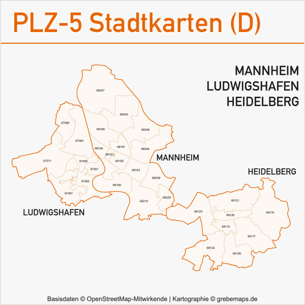 Postleitzahlen-Karten PLZ-5 Vektor Stadtkarten Deutschland Mannheim / Ludwigshafen / Heidelberg