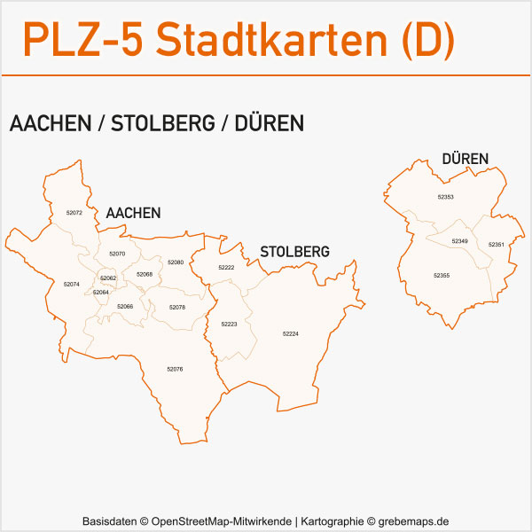 Postleitzahlen-Karten PLZ-5 Vektor Stadtkarten Deutschland Aachen Stolberg Düren