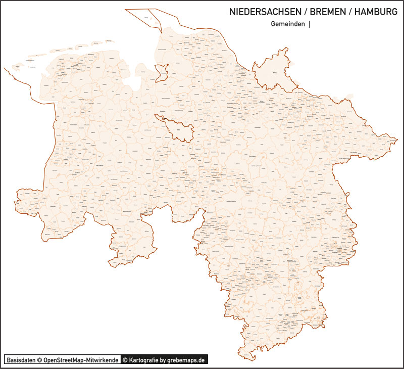 Niedersachsen / Bremen / Hamburg Vektorkarte Landkreise Gemeinden PLZ-5, Karte Niedersachsen, Karte Landkreise Niedersachsen, Karte Gemeinden Niedersachsen, Karte Postleitzahlen Niedersachsen