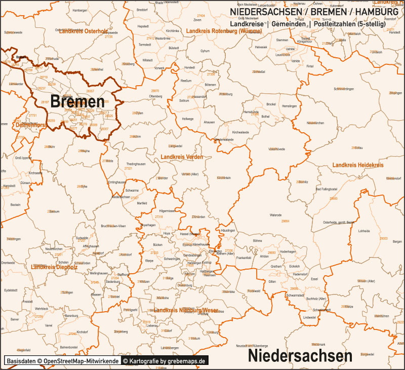 Niedersachsen / Bremen / Hamburg Vektorkarte Landkreise Gemeinden PLZ-5, Karte Niedersachsen, Karte Landkreise Niedersachsen, Karte Gemeinden Niedersachsen, Karte Postleitzahlen Niedersachsen