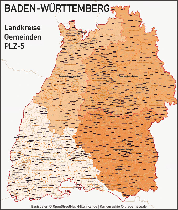 Baden-Württemberg Vektorkarte Regierungsbezirke Landkreise Gemeinden Postleitzahlen PLZ-5 5-stellig, Karte Regierungsbezirke Baden-Württemberg, Vektorkarte Baden-Württemberg