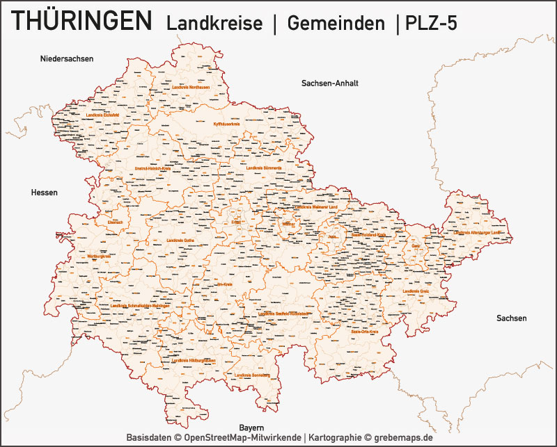 Thüringen Vektorkarte Landkreise Gemeinden PLZ-5, Karte Thüringen, Landkarte Thüringen Gemeinden, Karte Vektor PLZ Thüringen, Karte Landkreise Thüringen, Thüringen Karte Vektor PLZ