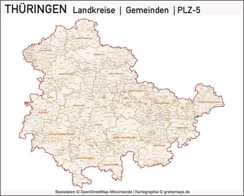 Thüringen Vektorkarte Landkreise Gemeinden PLZ-5, Karte Thüringen, Landkarte Thüringen Gemeinden, Karte Vektor PLZ Thüringen, Karte Landkreise Thüringen, Thüringen Karte Vektor PLZ
