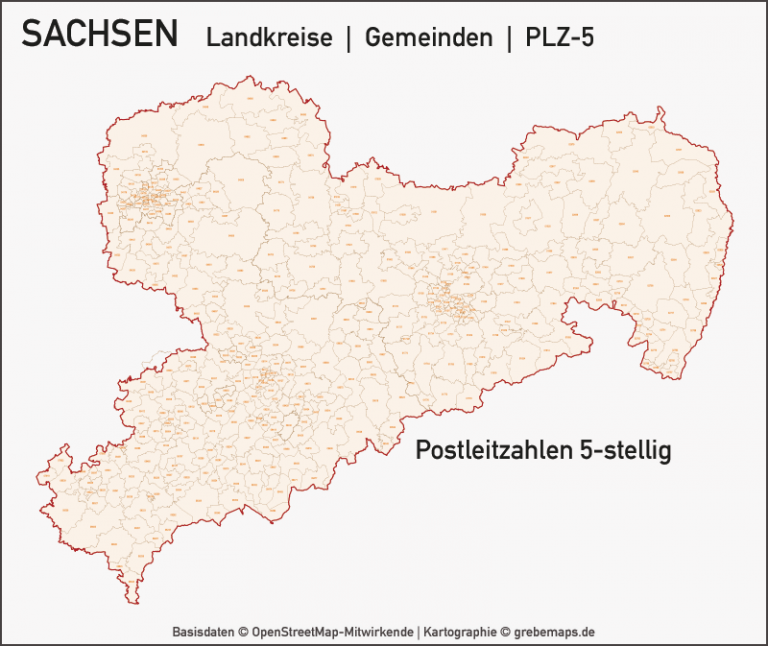 Sachsen Vektorkarte Landkreise Gemeinden PLZ-5 - grebemaps