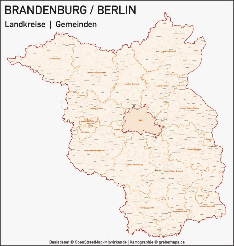 Brandenburg - Berlin Vektorkarte Landkreise Gemeinden PLZ-5, Karte Vektor Brandenburg, Karte Postleitzahlen Brandenburg, Vektorkarte Brandenburg, Karte Berlin, Landkarte Berlin, Karte Brandenburg Berlin