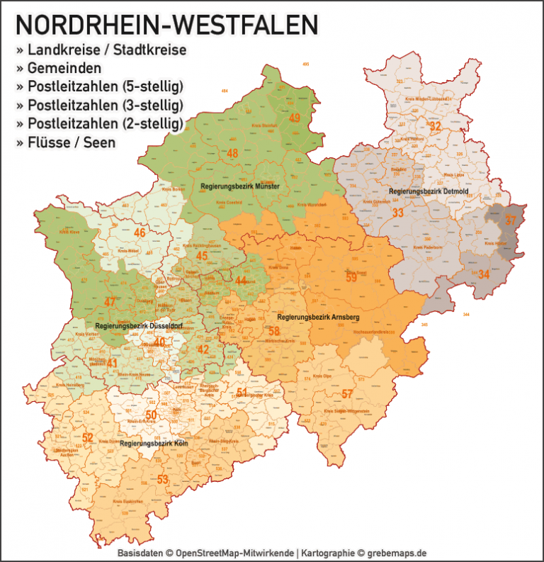 Nordrhein-Westfalen NRW Vektorkarte Landkreise Gemeinden PLZ-2-3-5 ...