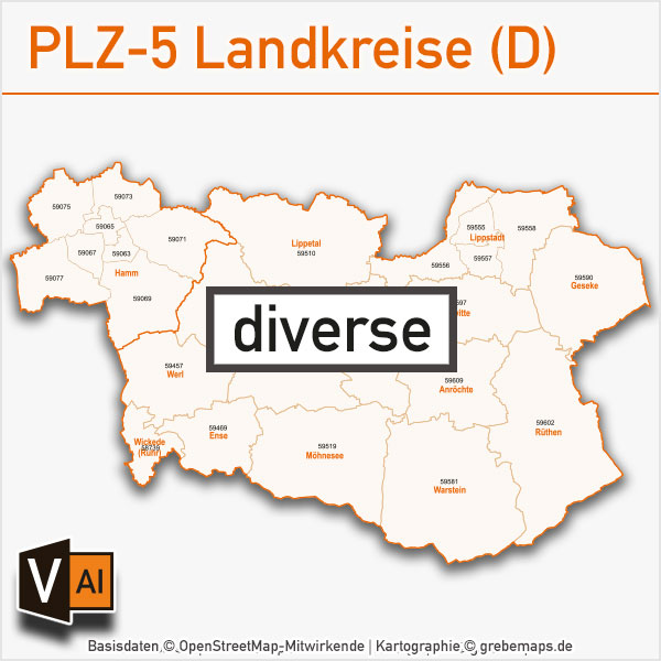 Postleitzahlen-Karten PLZ-5 Vektor Landkreise Deutschland