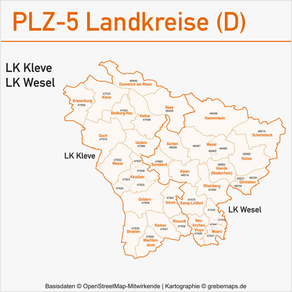 Postleitzahlen-Karten PLZ-5 Vektor Landkreise Deutschland Landkreis Kleve Landkreis Wesel
