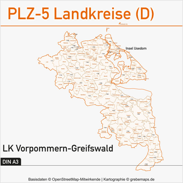 Postleitzahlen-Karten PLZ-5 Vektor Landkreise Deutschland Landkreis Vorpommern-Greifswald