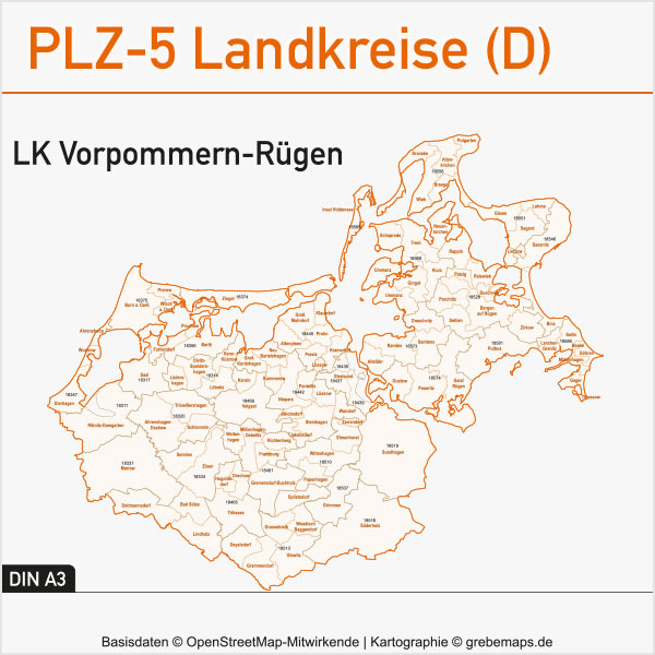 Landkreis Vorpommern-Rügen Postleitzahlen-Karte PLZ-5 Gemeinden Vektor, Postleitzahlen-Karten PLZ-5 Vektor Landkreise Deutschland Landkreis Vorpommern-Rügen