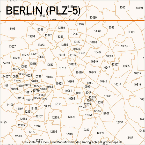 Berlin Postleitzahlen-Karte PLZ-5 Vektor, Karte PLZ Berlin, Vektorkarte PLZ Berlin, Karte Vektor PLZ Berlin