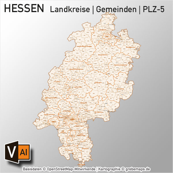 Hessen Vektorkarte Landkreise Gemeinden PLZ-5