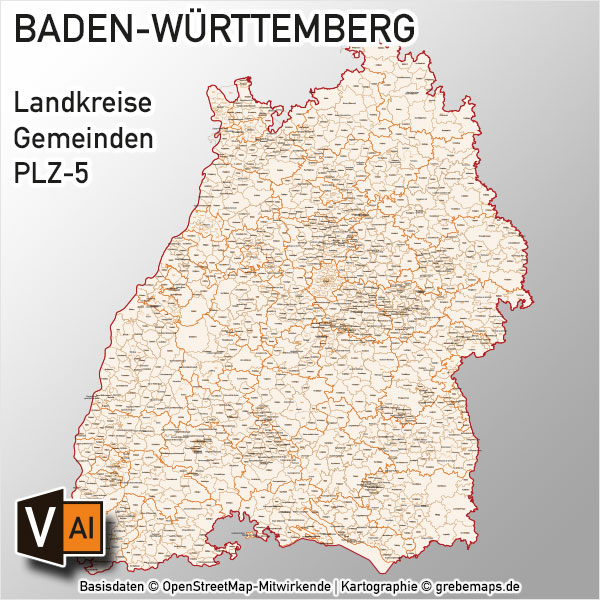 Baden-Württemberg Vektorkarte Landkreise Gemeinden PLZ-5