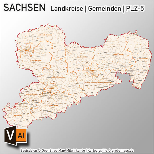 Sachsen Vektorkarte Landkreise Gemeinden PLZ-5