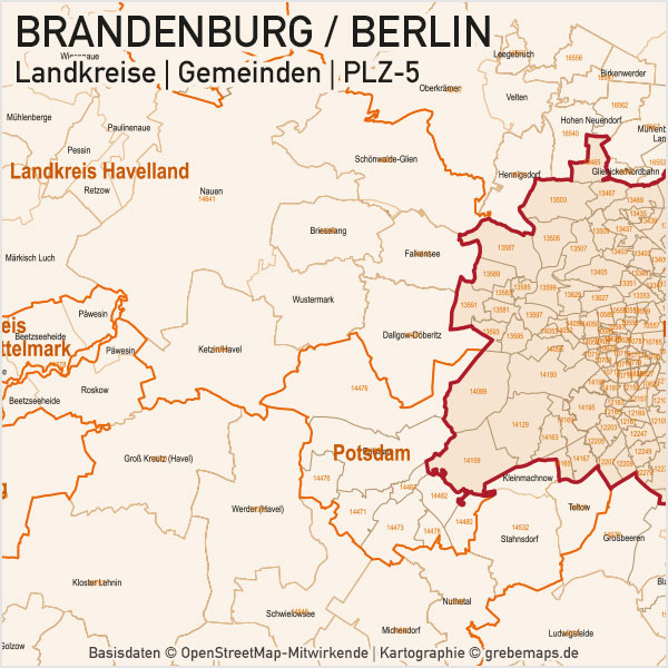Brandenburg - Berlin Vektorkarte Landkreise Gemeinden PLZ-5
