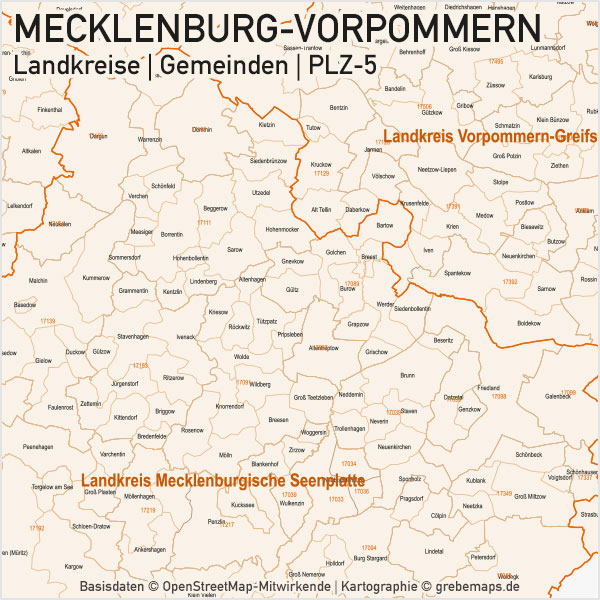 Mecklenburg-Vorpommern Vektorkarte Landkreise Gemeinden PLZ-5