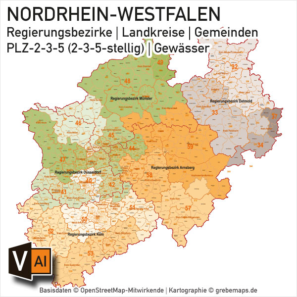 Nordrhein-Westfalen NRW Vektorkarte Landkreise Gemeinden PLZ-2-3-5