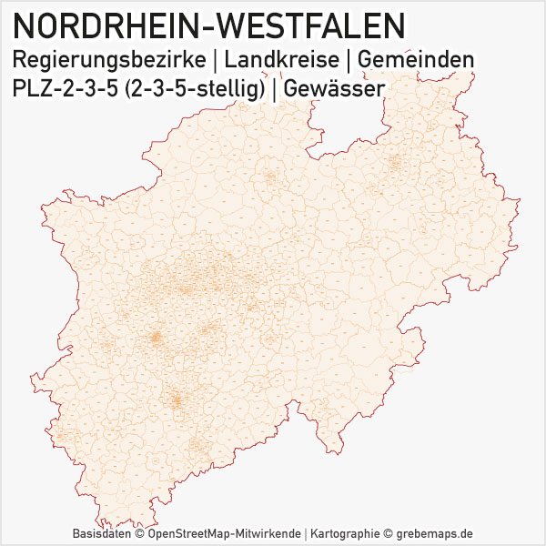 Nordrhein-Westfalen NRW Vektorkarte Landkreise Gemeinden PLZ-2-3-5, Karte PLZ NRW, Karte PLZ Nordrhein-Westfalen, Gemeindekarte NRW, Karte NRW