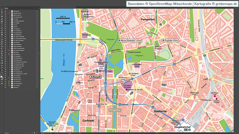 Düsseldorf-Innenstadt Stadtplan Vektorkarte, Karte Düsseldorf-Stadtmitte mit Altstadt, Karte Düsseldorf Innenstadt Vektor, Vektorgrafik, Kartengrafik, Düsseldorf-Innenstadt, Düsseldorf-Stadtmitte, Düsseldorf-Altstadt
