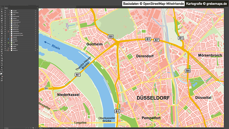 Düsseldorf-Mitte Übersichtskarte Vektorkarte, Karte Düsseldorf Übersicht, Vektorkarte Düsseldorf Übersicht, Düsseldorf Karte Vektor Übersicht
