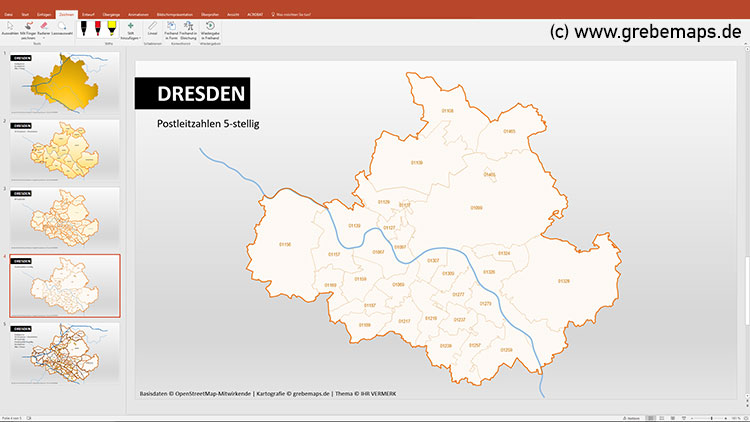 Dresden PowerPoint-Karte Postleitzahlen PLZ-5 Stadtteile Stadtbezirke, Karte PowerPoint Dresden Stadtbezirke, Stadtteile, Postleitzahlen 5-stellig