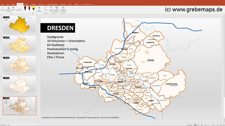 Dresden PowerPoint-Karte Postleitzahlen PLZ-5 Stadtteile Stadtbezirke, Karte PowerPoint Dresden Stadtbezirke, Stadtteile, Postleitzahlen 5-stellig