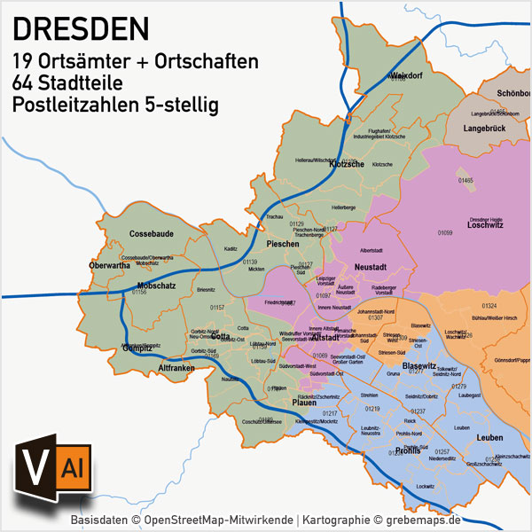 Dresden Vektorkarte Stadtbezirke Stadtteile Postleitzahlen PLZ-5