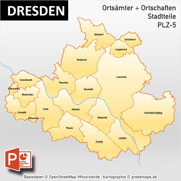 Dresden PowerPoint-Karte Postleitzahlen PLZ-5 Stadtteile Stadtbezirke
