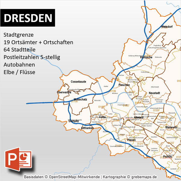 PowerPoint-Karte Dresden Postleitzahlen PLZ-5 Stadtteile Stadtbezirke