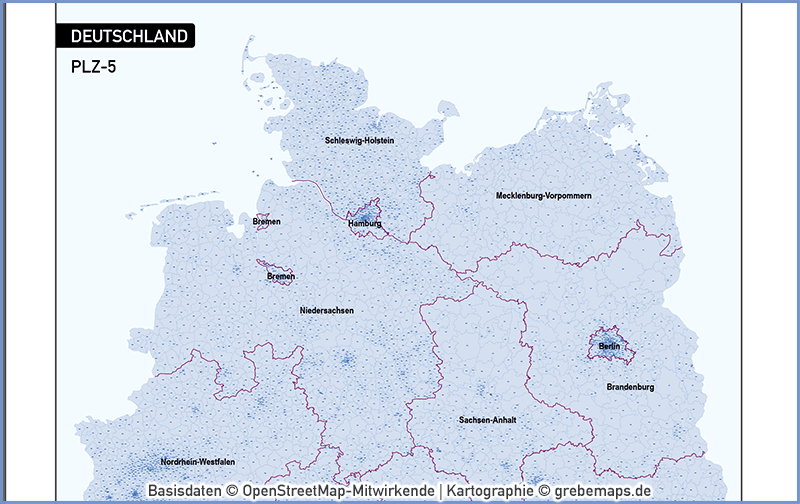 Deutschland Postleitzahlen PLZ-5 Vektorkarte 5-stellig, Karte PLZ 5-stellig Deutschland, Karte PLZ Deutschland