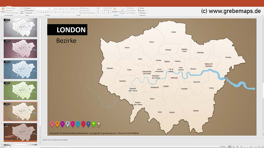 London PowerPoint-Karte Bezirke Boroughs, Vektorkarte Stadtbezirke London, London Bezirke Karte