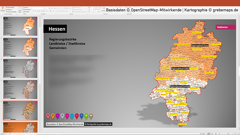 Hessen PowerPoint-Karte Landkreise Gemeinden, Karte Hessen Gemeinden, Gemeinde-Karte Hessen für PowerPoint